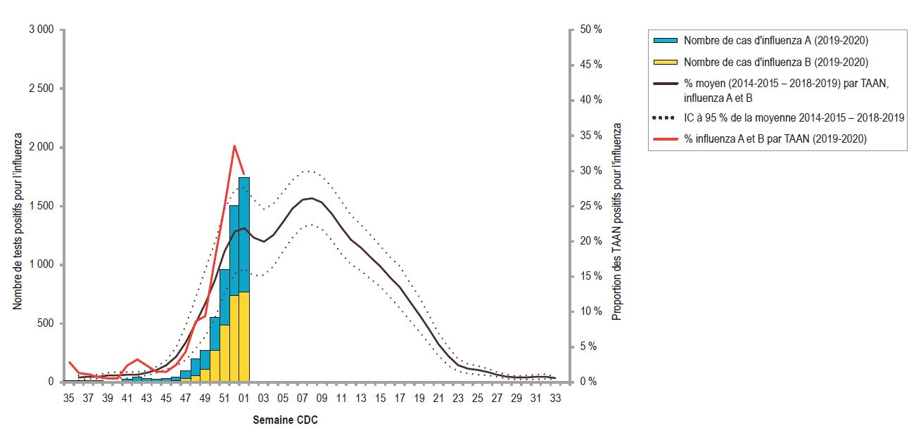 Figure 1a - Nombre et pourcentage de tests positifs pour l’influenza A et B rapportés par les laboratoires sentinelles du Québec, 2019-2020